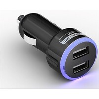 Car Charger - Dual USB-A, Fast Charge, 2 Amp, 12-24 Volt, Blue Halo, Black