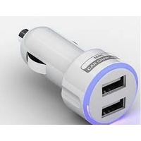 Car Charger - Dual USB-A, Fast Charge, 2 Amp, 12-24 Volt, Blue Halo, White